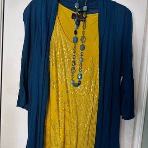 Blue Cardigan with Yellow Sequined Tank and Turquoise Necklace